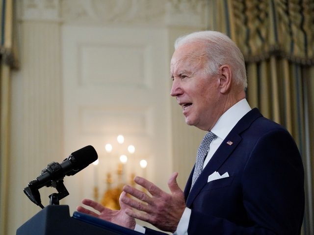 President Joe Biden speaks about the 2021 jobs report in the State Dining Room of the Whit