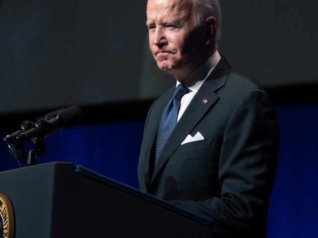 US President Joe Biden speaks during a memorial service for the late US Senate Majority Leader Harry Reid at The Smith Center for the Performing Arts in Las Vegas, Nevada, January 8, 2022. (Photo by SAUL LOEB / AFP) (Photo by SAUL LOEB/AFP via Getty Images)