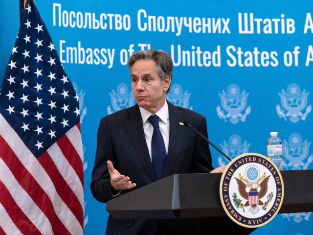 US' Secretary of State Antony Blinken speaks as he greets embassy staff at the US embassy