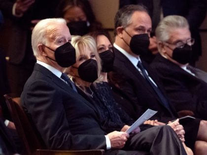 (L-R) US President Joe Biden, First Lady Jill Biden, Vice President Kamala Harris and Second Gentleman Doug Emhoff attend a memorial service for US Senate Majority Leader Harry Reid at The Smith Center for the Performing Arts in Las Vegas, Nevada, January 8, 2022. (Photo by SAUL LOEB / AFP) …