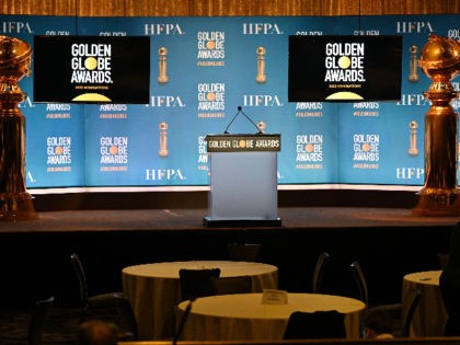 The stage is set for the nominations announcement for the 79th Golden Globe Awards, December 13, 2021, at the Beverly Hilton Hotel in Beverly Hills, California. (Photo by Robyn Beck / AFP) (Photo by ROBYN BECK/AFP via Getty Images)