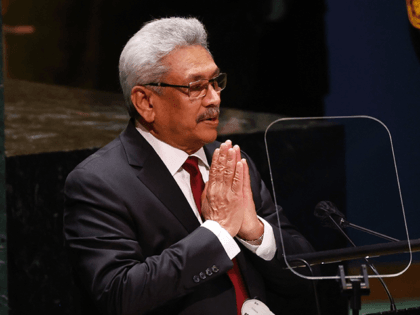 Sri Lankan President Gotabaya Rajapaksa addresses the 76th session of the UN General Assembly on September 22, 2021, in New York. (Photo by JOHN ANGELILLO / various sources / AFP)