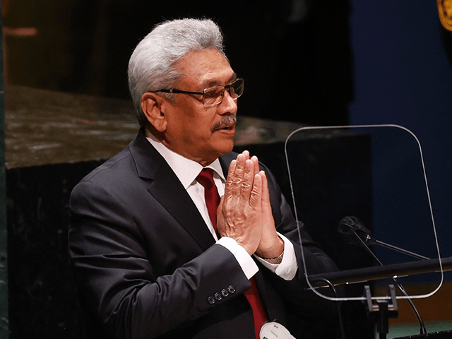 Sri Lankan President Gotabaya Rajapaksa addresses the 76th session of the United Nations General Assembly on September 22, 2021 in New York City.  (Photo by JOHN ANGELILLO / various sources / AFP)