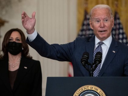 US President Joe Biden, with Vice President Kamala Harris, responds to questions about the ongoing US military evacuations of US citizens and vulnerable Afghans, in the East Room of the White House in Washington, DC, on August 20, 2021. - Biden said Friday he has not seen America's allies question …