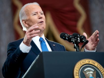 US President Joe Biden speaks at the US Capitol on January 6, 2022, to mark the anniversary of the attack on the Capitol in Washington, DC. - Biden accused his predecessor Donald Trump of attempting to block the democratic transfer of power on January 6, 2021. "For the first time …
