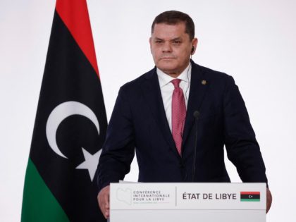 Libyan Prime Minister Abdul Hamid Dbeibah takes part in a press conference at the end of the International Conference on Libya at La Maison de la Chimie in Paris on November 12, 2021. (Photo by Yoan VALAT / POOL / AFP) (Photo by YOAN VALAT/POOL/AFP via Getty Images)
