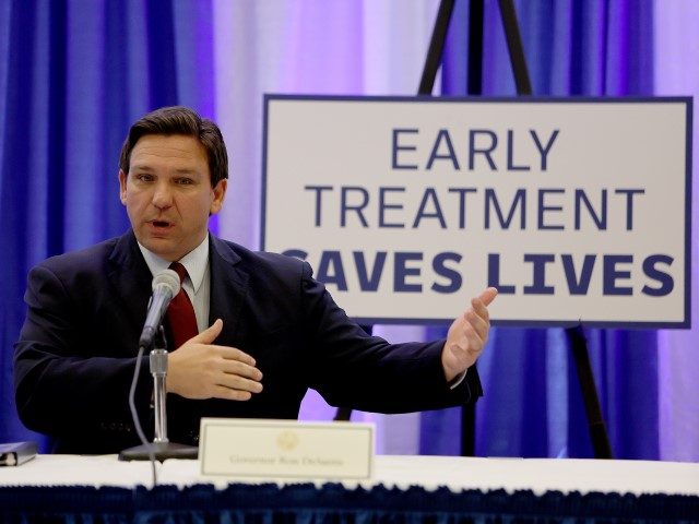 MIAMI, FLORIDA - JANUARY 26: Florida Gov. Ron DeSantis holds a press conference at the Miami Dade College’s North Campus on January 26, 2022 in Miami, Florida. The Governor discussed the recent decision made by the U.S. Food and Drug Administration to revoke emergency use authorization for Regeneron and Eli …