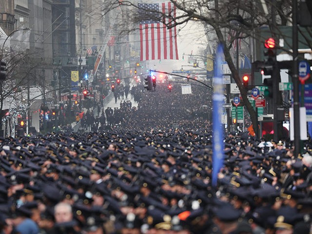 NEW YORK, NEW YORK - JANUARY 28: Thousands of police officers from around the country gather at St. Patrick's Cathedral to attend the funeral for fallen NYPD Officer Jason Rivera on January 28, 2022 in New York City. The 22-year-old NYPD officer was shot and killed on January 21 in …