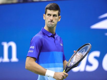 Serbia's Novak Djokovic looks on during his 2021 US Open Tennis tournament men's semifinal match against Germany's Alexander Zverev at the USTA Billie Jean King National Tennis Center in New York, on September 10, 2021. (Photo by Kena Betancur / AFP) (Photo by KENA BETANCUR/AFP via Getty Images)