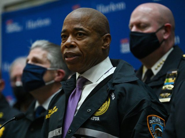 NEW YORK, NEW YORK - JANUARY 21: New York City Mayor Eric Adams speaks to members of the media at Harlem Hospital on January 21, 2022 in New York City. One officer was killed and the other remains in critical condition at Harlem Hospital. The officers were shot while responding …