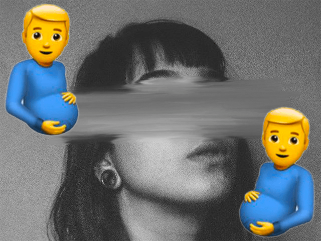 a woman tormented by "pregnant man" emojis