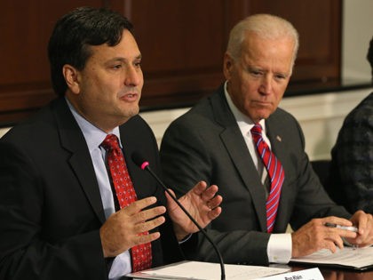 WASHINGTON, DC - NOVEMBER 13: Ebola Response Coordinator Ron Klain (L), joined by U.S. Vice President Joseph Biden (R), speaks during a meeting regarding Ebola at the Eisenhower Executive office building November 13, 2014 in Washington, D.C. Vice President Biden met with leaders of faith, humanitarian, and non-governmental organizations that …