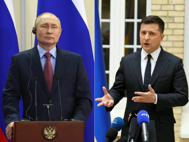 (COMBO) This combination of file pictures created on January 11, 2022 shows Russian President Vladimir Putin looks on during a joint press conference with Greek Prime Minister following their talks in the Black Ukrainian President Volodymyr Zelensky gesturing as he talks during a press conference at the Ukraine's embassy in …