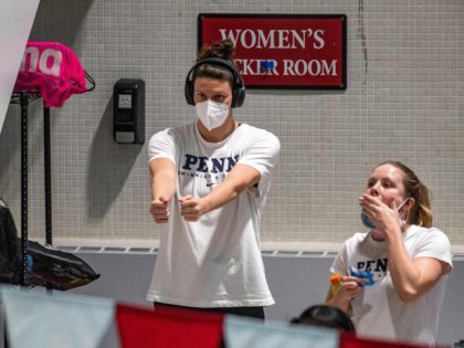 Lia Thomas, a transgender woman, warms up before swimming for the University of Pennsylvania at an Ivy League meet against Harvard University in Cambridge, Massachusetts, on January 22, 2022. (Photo by Joseph Prezioso / AFP) (Photo by JOSEPH PREZIOSO/AFP via Getty Images)