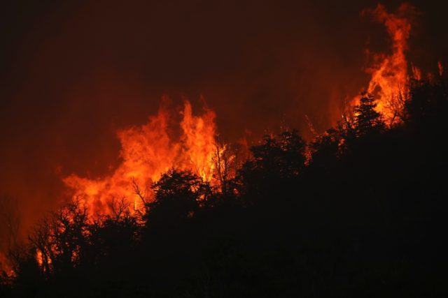 Flames from a huge forest fire are seen from Route 40, some 12 km from Paraje Villegas and