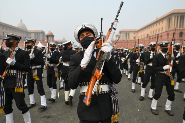 Indian soldiers rehearse for a scaled-down version of the annual January 26 Republic Day P