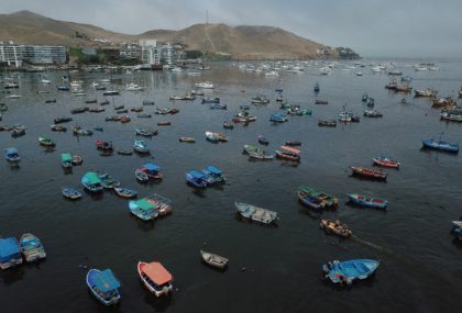 The boats of fishermen who cannot fish after an oil spill, in the town of Ancon, Peru on J