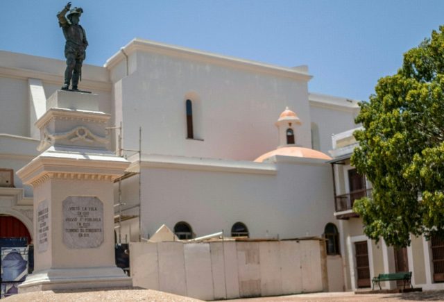 The Juan Ponce de Leon statue in Old San Juan, Puerto Rico is seen prior to its toppling