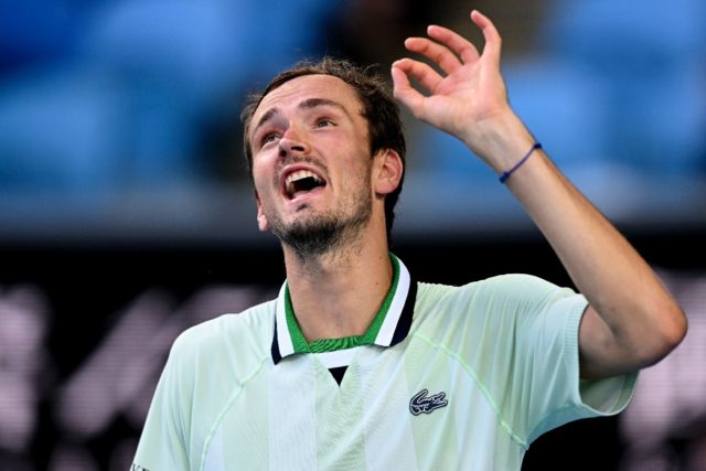 A tetchy Daniil Medvedev reacts after a point against Maxime Cressy