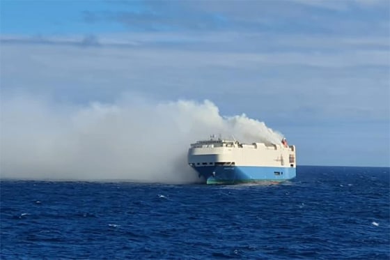 The Felicity Ace car carrier on fire approximately 90 miles from the island of Faial, Azores, on Feb 17, 2022.Marinha Portuguesa