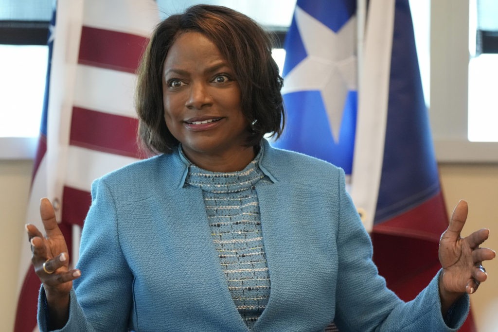 Rep. Val Demings, D-Fla., who is campaigning to challenge Republican Marco Rubio for his U.S. Senate seat in November, speaks with leaders of the Puerto Rican community at Borinquen Health Care Center, Wednesday, Jan. 26, 2022, in Miami. (AP Photo/Rebecca Blackwell)