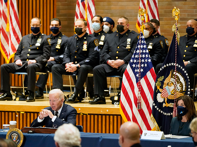 President Joe Biden speaks at an event to discuss gun violence strategies, at police headquarters, Thursday, Feb. 3, 2022, in New York. Gov. Kathy Hochul, D-N.Y. is seated right. (AP Photo/Alex Brandon)