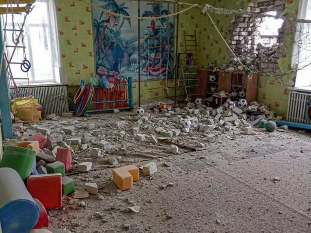This handout photo released by Ukrainian Joint Forces Operation, shows a view of a kindergarten building after alleged shelling by separatists forces in Stanytsia Luhanska, eastern Ukraine, Thursday, Feb. 17, 2022. On Thursday, separatist authorities in the Luhansk region reported an increase in Ukrainian shelling along the tense line of …