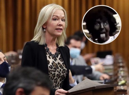 New interim leader of the Conservative party, Candice Bergen (L), speaking in the Canadian House of Commons. Canadian Prime Minister (R) in black face as a teenager.