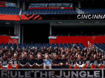 LOS ANGELES, CALIFORNIA - FEBRUARY 12: Cincinnati Bengals players and staff pose for a team photo at SoFi Stadium on February 12, 2022 in Los Angeles, California. The Bengals will play against the Los Angeles Rams in Super Bowl LVI on February 13. (Photo by Ronald Martinez/Getty Images)