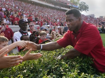 Former Georgia running back and Republican candidate for U.S. Senate, Herschel Walker greets fans at halftime of an NCAA college football game between Georgia and UAB, Saturday, Sept. 11, 2021, in Athens, Ga.
