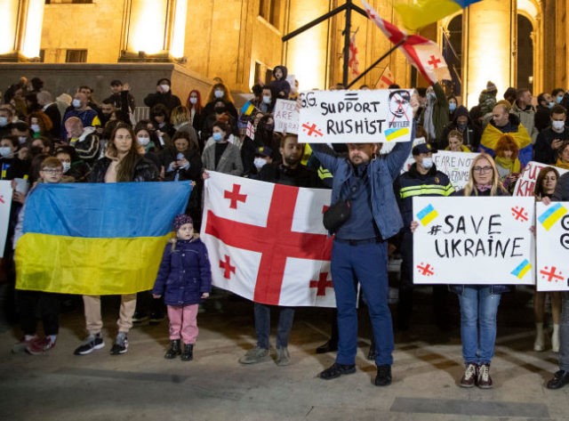 Ukrainians and Georgians gather for a rally in support of Ukraine in front of parliament, protesting the war in Ukraine and demanding the Georgian Prime Minister, Irakli Gharibashvili, to step down, after he said he would not introduce sanctions against Russia in response to its invasion of Ukraine on February …