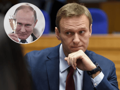 Russian opposition leader Alexei Navalny (R) and Russian leader Vladimir Putin (inset)