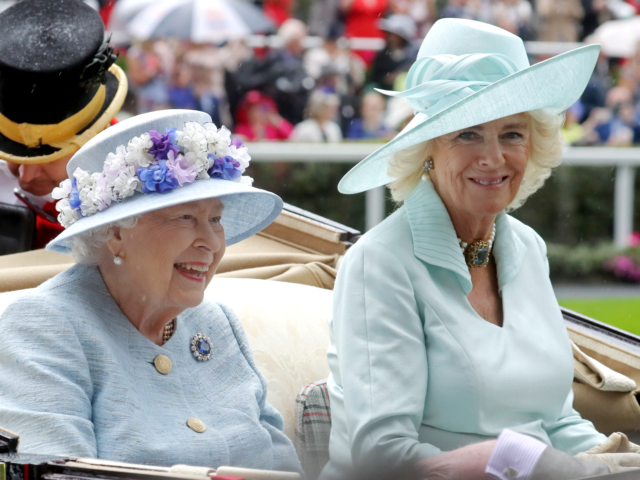 ASCOT, ENGLAND - JUNE 19: Queen Elizabeth II and Camilla, Duchess of Cornwall arrive in a horse carriage on day two of Royal Ascot at Ascot Racecourse on June 19, 2019 in Ascot, England. (Photo by Chris Jackson/Getty Images)