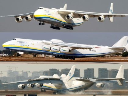 (COMBO) This combination of pictures created and taken on August 3, 2020 shows a view of the Soviet-built Antonov Airlines Antonov An-225 Mriya strategic airlift cargo aircraft, the world's largest cargo plane, as it lands at Israel's Ben Gurion International Airport in Lod, east of Tel Aviv. - The aircraft …