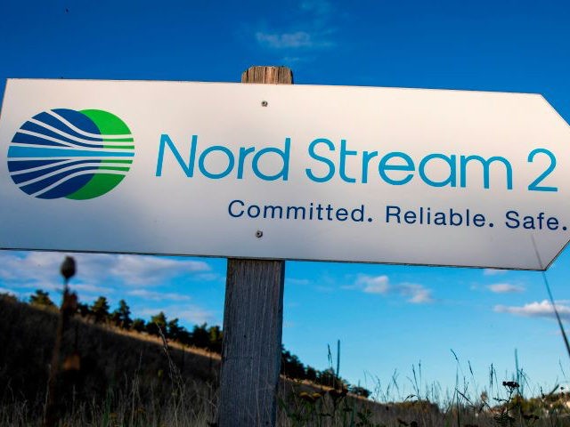 A road sign directs traffic towards the Nord Stream 2 gas line landfall facility entrance