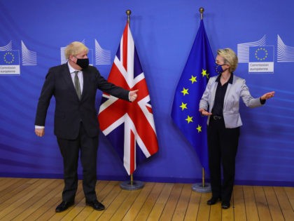 BRUSSELS, BELGIUM - DECEMBER 09: Prime Minister Boris Johnson and European Commission president Ursula von der Leyen meet for a dinner during they will try to reach a breakthrough on a post-Brexit trade deal on December 9, 2020 in Brussels, Belgium. The British prime minister's visit marked his most high-profile …