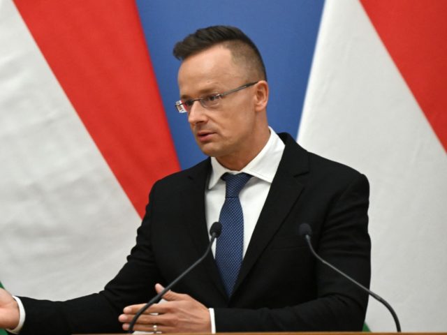 Hungarys foreign and trade minister Peter Szijjarto addresses a press conference with his