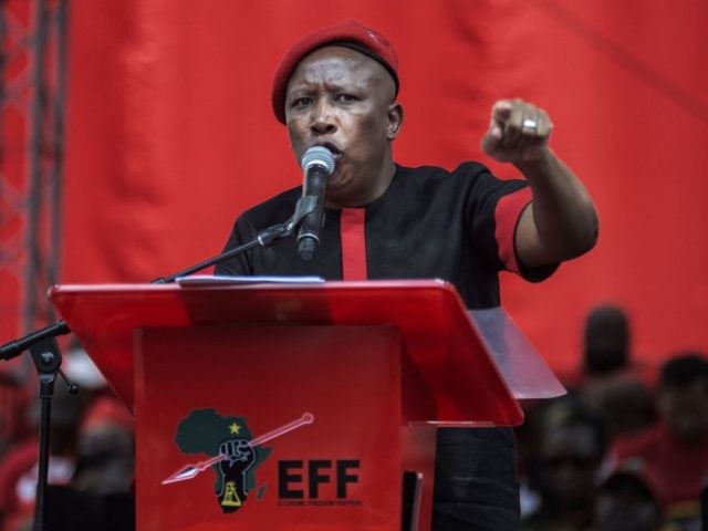 Economic Freedom Fighters (EFF) leader Julius Malema gestures as he addresses his supporte