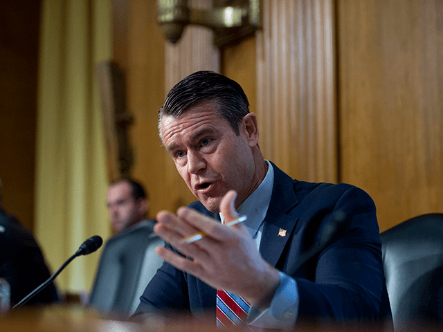 U.S. Sen. Todd Young (R-IN) questions Chris Magnus as he appears before a United States Senate Committee on Finance hearing to consider his nomination to be Commissioner of U.S. Customs and Border Protection on October 19, 2021 in Washington, DC. The hearing for Magnus’s confirmation comes after it was delayed …