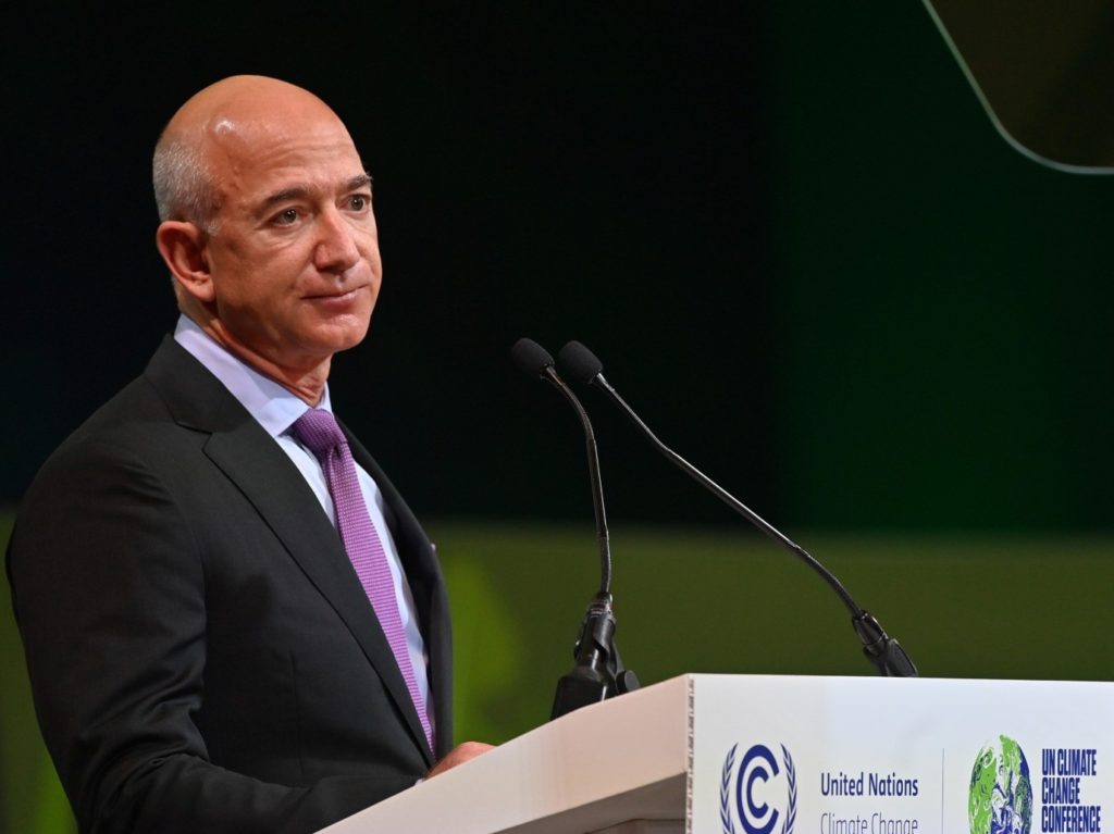 GLASGOW, SCOTLAND - NOVEMBER 02: Amazon CEO Jeff Bezos speaks during an Action on Forests and Land Use event on day three of COP26 at SECC on November 2, 2021 in Glasgow, United Kingdom. 2021 sees the 26th United Nations Climate Change Conference. The conference will run from 31 October for two weeks, finishing on 12 November. It was meant to take place in 2020 but was delayed due to the Covid-19 pandemic. (Photo by Paul Ellis - Pool/Getty Images)