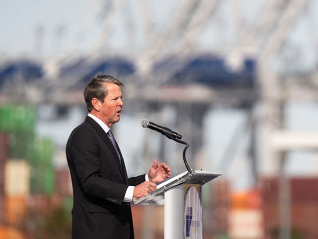 GARDEN CITY, GA - NOVEMBER 12: Georgia Governor Brian Kemp speaks during a ribbon cutting ceremony for the Mason Mega Rail Station at the Garden City Port Terminal on November 12, 2021 in Garden City, Georgia. The recently completed rail station doubles the Port of Savannahs rail lift capacity to one million containers per year. (Photo by Sean Rayford/Getty Images)