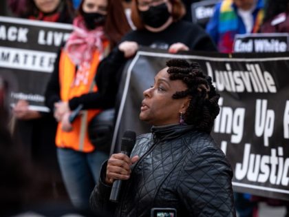 LOUISVILLE, KY - NOVEMBER 20: Rep. Attica Scott (D-KY) gives a speech outside of the Hall of Justice during the Reject the Verdict rally on November 20, 2021 in Louisville, Kentucky. Demonstrators from Black Lives Matter Louisville and Louisville 'Showing Up for Racial Justice' held the rally to refute the …