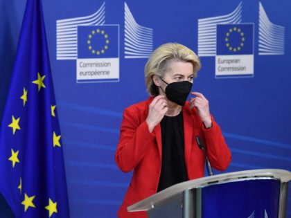 European Commission President Ursula von der Leyen gives a statement on Ukraine at the EU