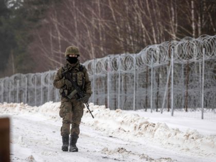 A Polish soldier is seen patrolling along the Polish-Belarusian border during a press tour