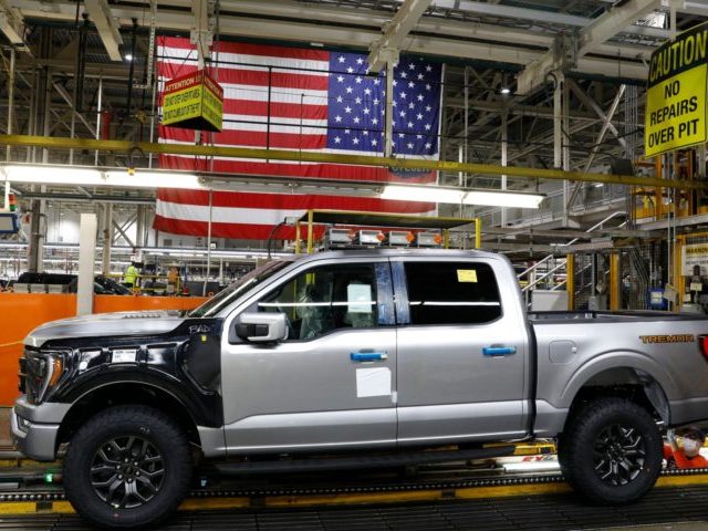 The 40 millionth Ford Motor Co. F-Series truck sits on the assembly line at the Ford Dearb