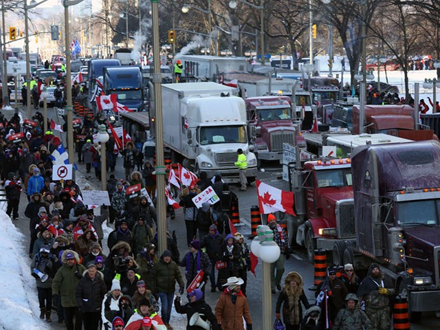 Supporters of the Freedom Convoy protest Covid-19 vaccine mandates and restrictions on January 29, 2022 in Ottawa, Canada. - Hundreds of truckers drove their giant rigs into the Canadian capital Ottawa on Saturday as part of a self-titled "Freedom Convoy" to protest vaccine mandates required to cross the US border. (Photo by Dave Chan / AFP) (Photo by DAVE CHAN/AFP via Getty Images)