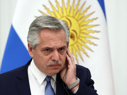 Argentinian President Alberto Fernandez listens during a joint press conference following his meeting with Russian President at the Kremlin in Moscow on February 3, 2022. (Photo by Sergei KARPUKHIN / SPUTNIK / AFP) (Photo by SERGEI KARPUKHIN/SPUTNIK/AFP via Getty Images)