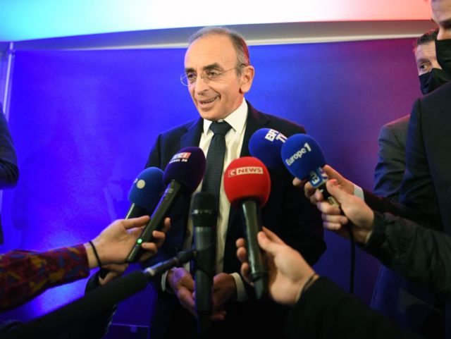 French far-right party Reconquete! presidential candidate Eric Zemmour talks to journalists during an event with the 100.000th party member at his campaign headquarters in Paris, on February 14, 2022. (Photo by Bertrand GUAY / AFP) (Photo by BERTRAND GUAY/AFP via Getty Images)