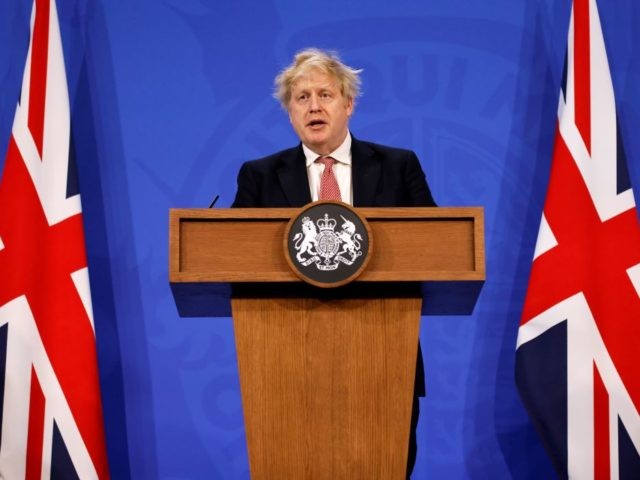LONDON, ENGLAND - FEBRUARY 21: Prime Minister, Boris Johnson addresses the nation during a press conference on plan for "Living With Covid'" at Downing Street Briefing Room on February 21, 2022 in London, England. (Photo by Tolga Akmen - WPA Pool/Getty Images)