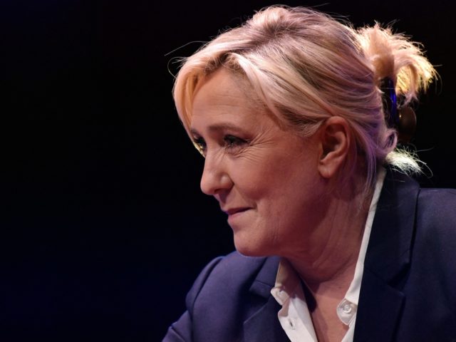"Rassemblement national" (RN) party presidential candidate Marine Le Pen looks o